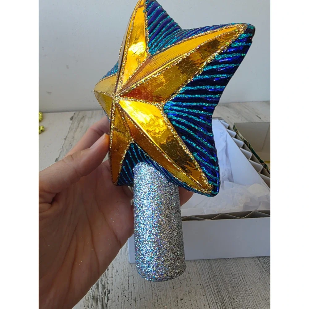 OWC old world star glitter tree topper gold blue Xmas glass tree